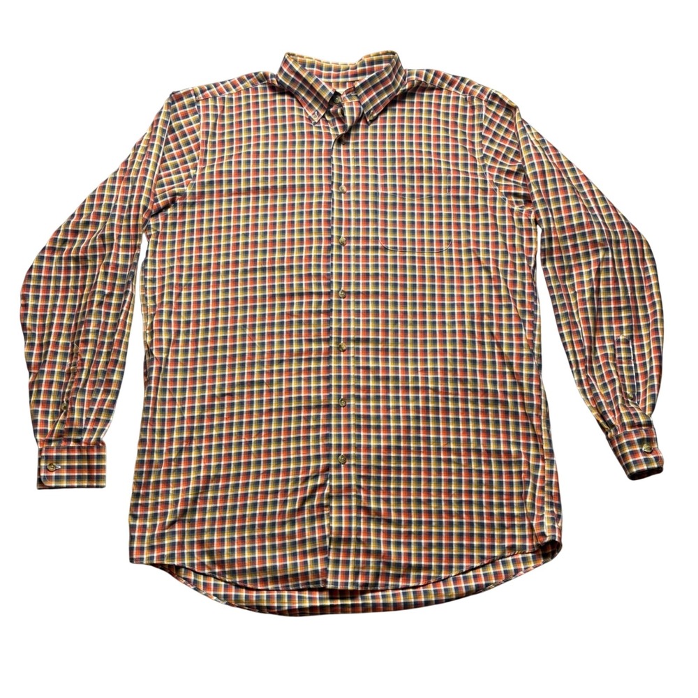 LL Bean Shirt Mens XL‎ Orange Navy Plaid Cotton Traditional Fit Button Down